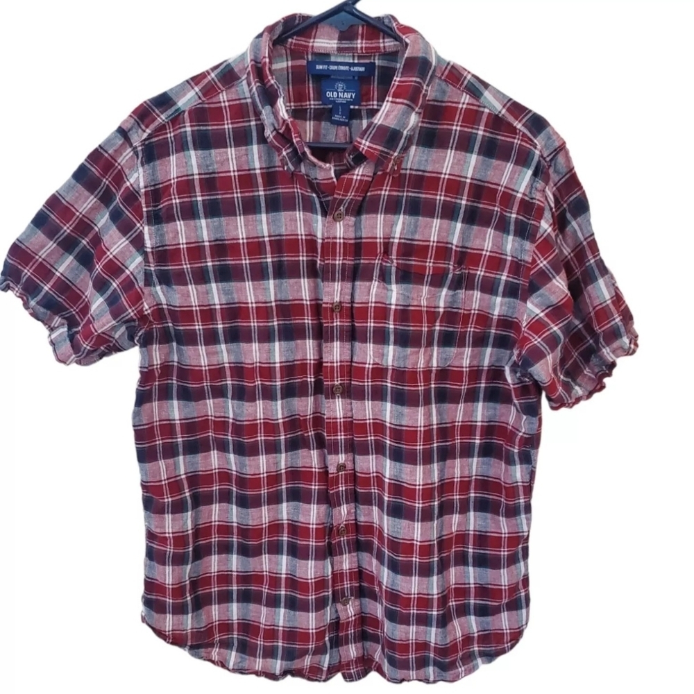 Old Navy Mens Button‎ Up Shirt Large Slim Fit Linen Blend Short Sleeve Red Plaid